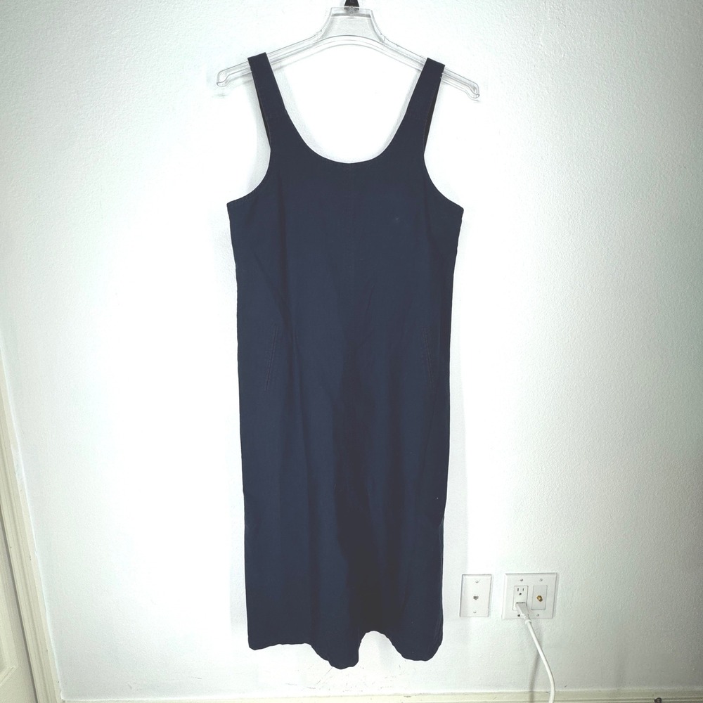 Vintage Navy Linen Midi Jumper Dress Size 8 Pockets Eco Modest Old Money Preppy